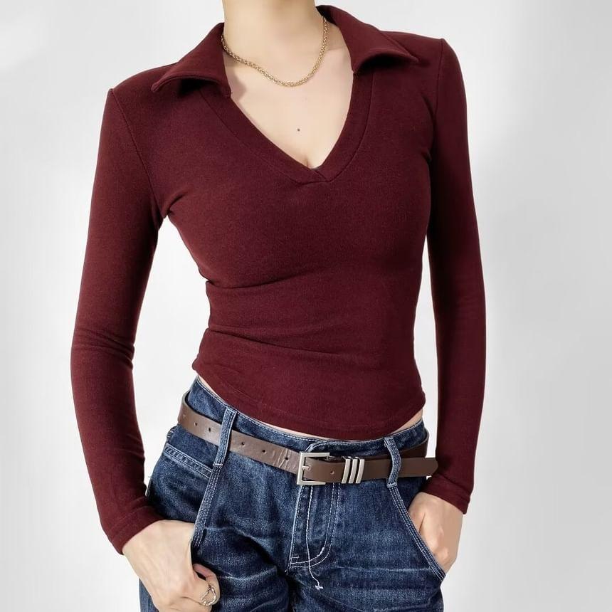 Long Sleeve V-Neck Plain Slim-Fit Polo Top Product Image