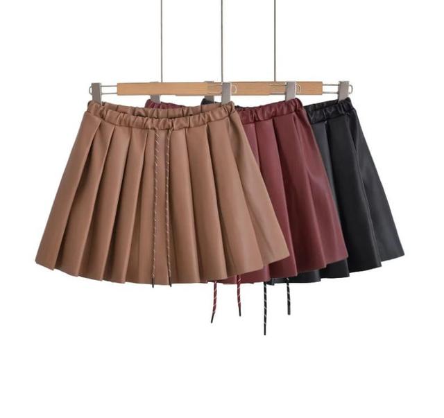 Drawstring Waist Plain Pleated Mini A-Line Skirt Product Image