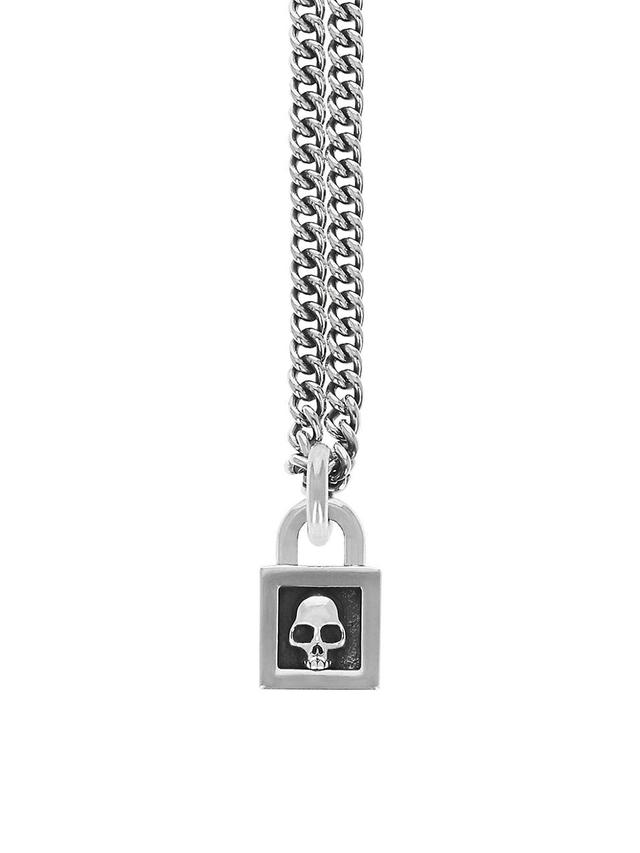 Mens Sterling Silver Skull Padlock Pendant Necklace Product Image