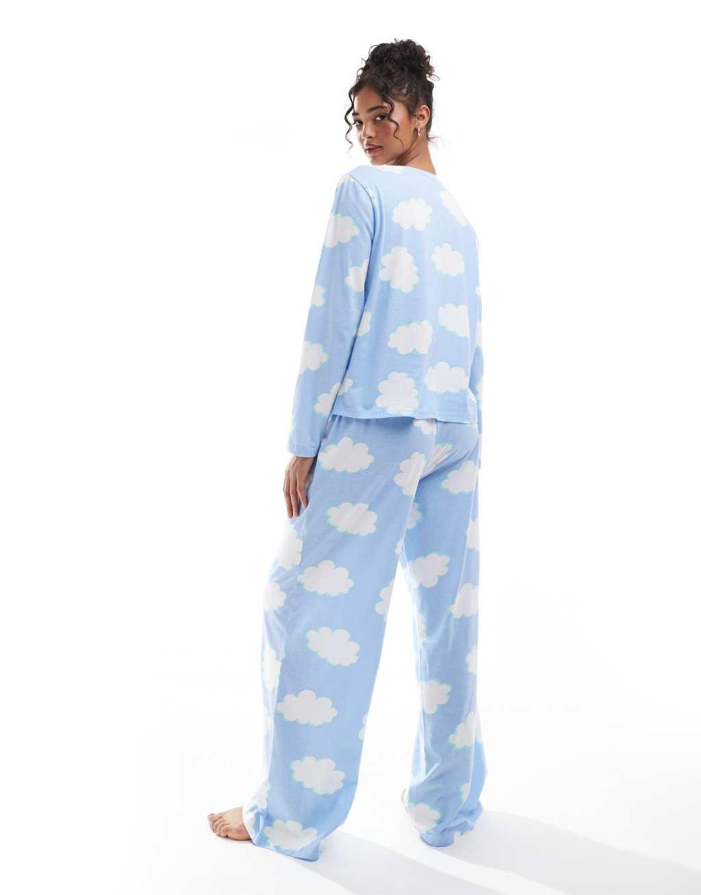 ASOS DESIGN cloud long sleeve top & pants pajama set in blue Product Image