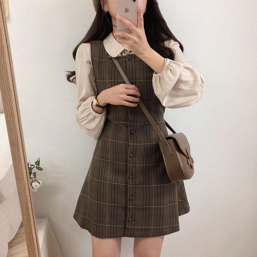 Long-Sleeve Blouse / Plaid Mini Buttoned Overall Dress Product Image