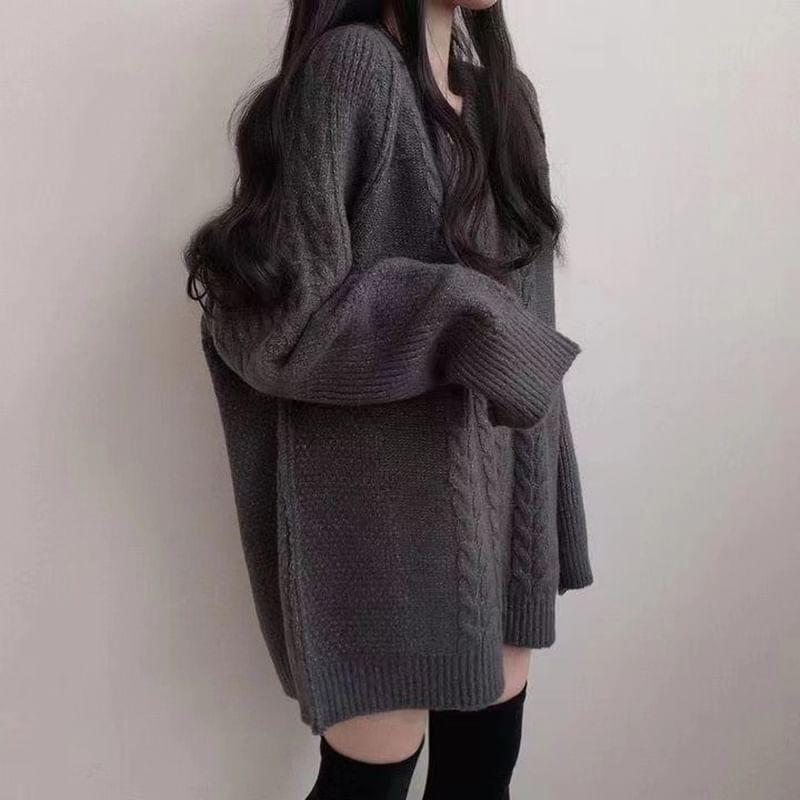 V-Neck Plain Cable Knit Oversized Sweater Product Image