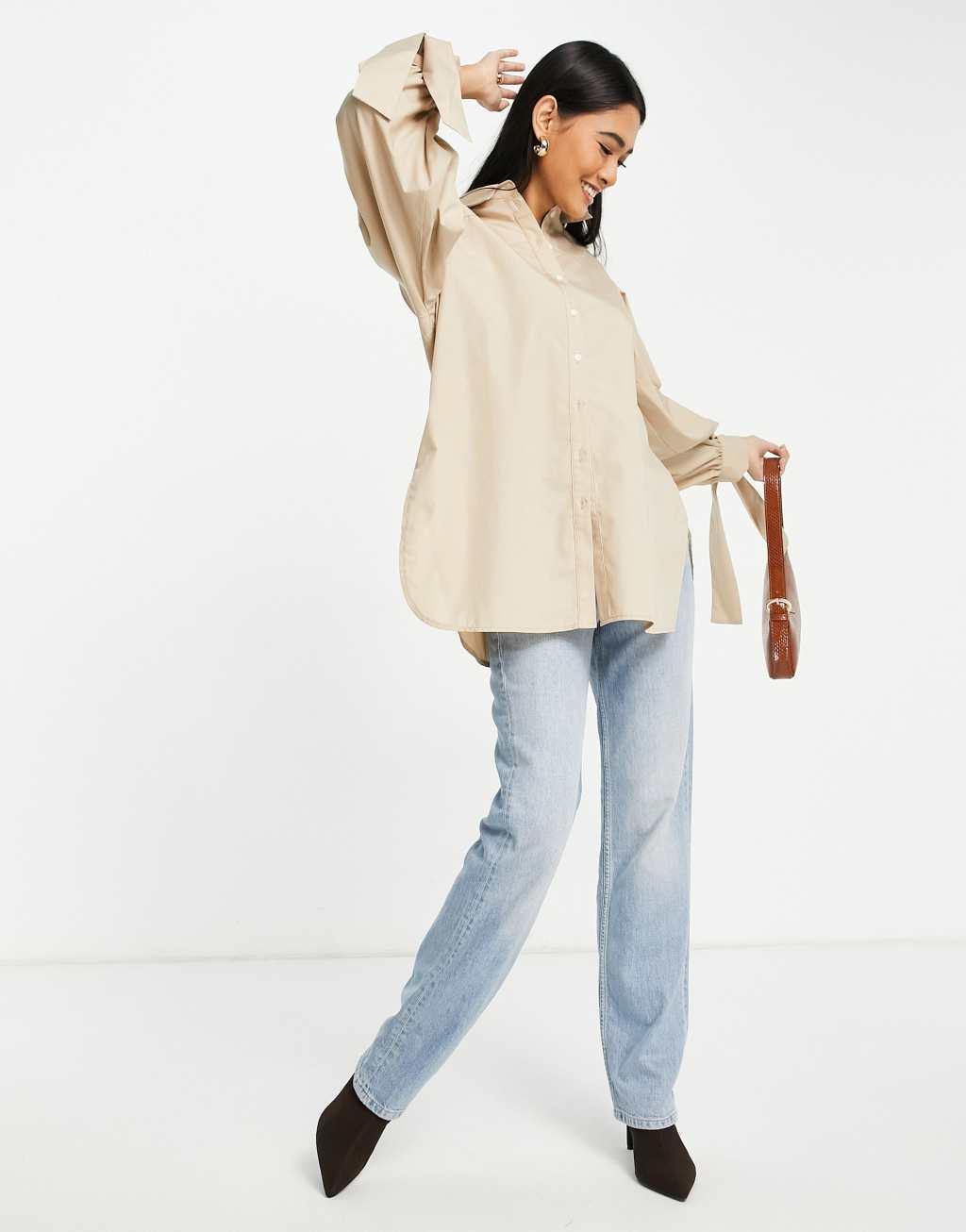 Topshop tie back oversized shirt in camel  Product Image