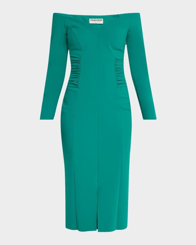 Ruched Off-Shoulder Bodycon Midi Dress Product Image