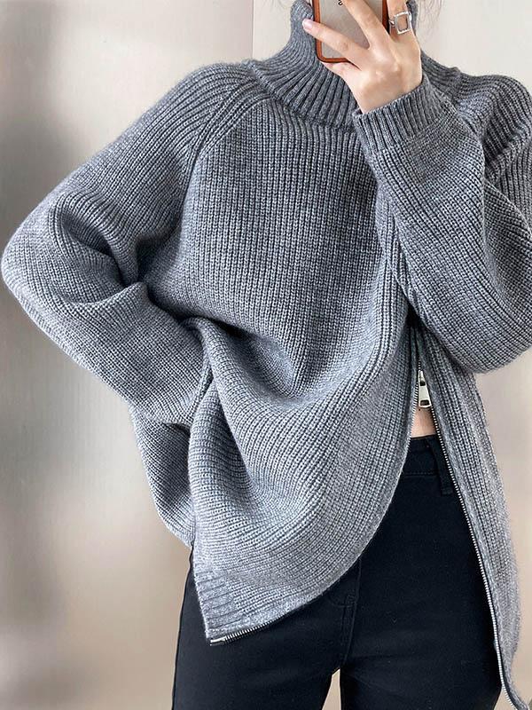 Long Sleeves Loose Split-Joint Split-Side Zipper High Neck Sweater Tops product image