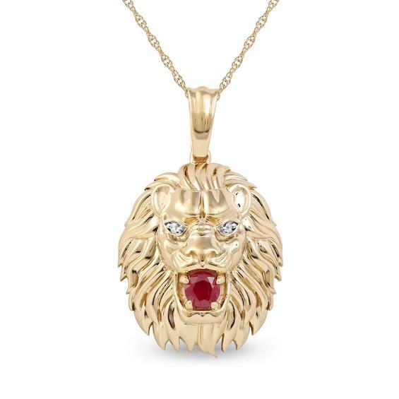 Men's 4.0mm Ruby and Diamond Accent Lion Head Pendant in 10K Gold - 22" Product Image