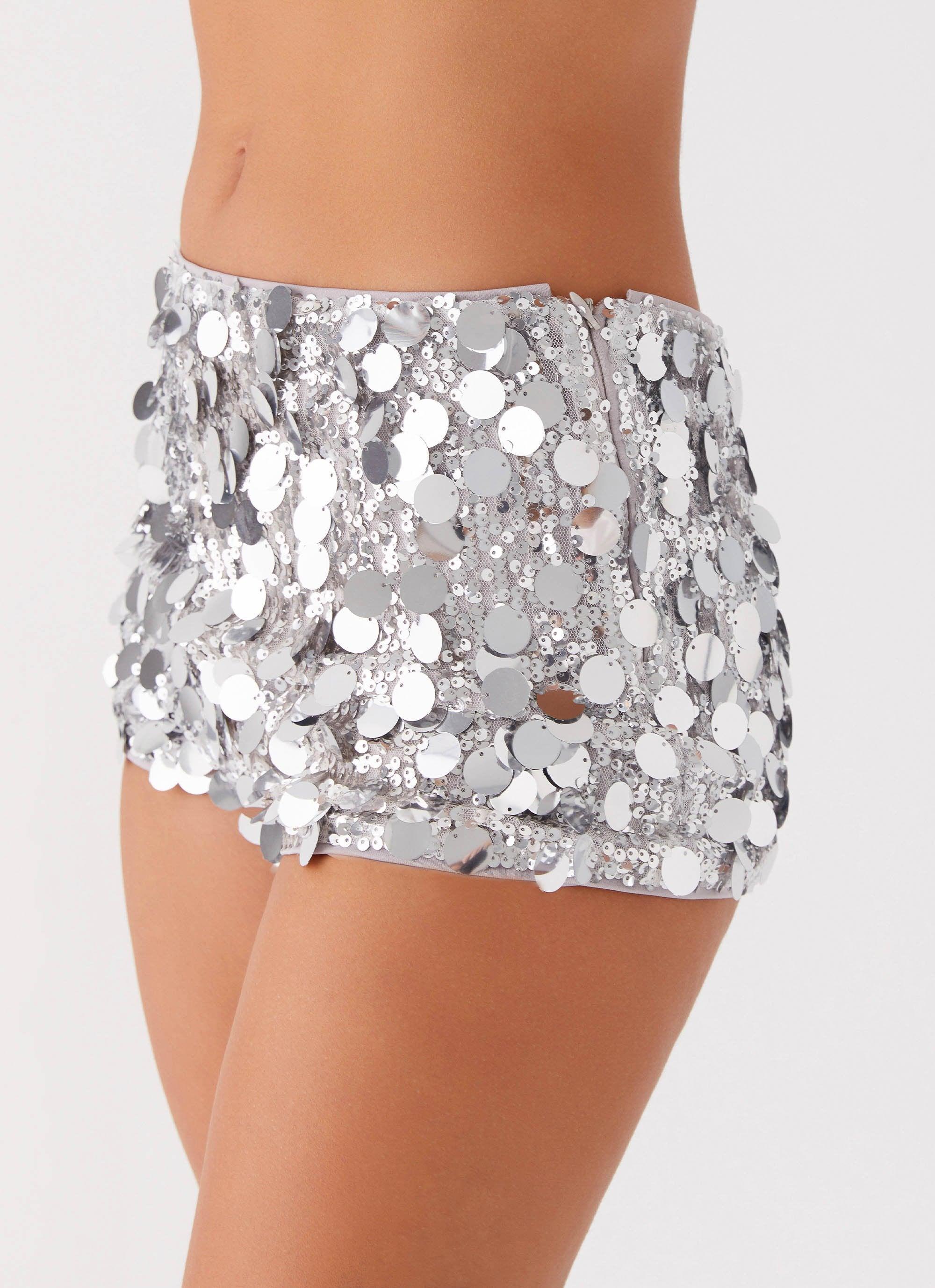 Try Me Sequin Mini Shorts - Silver Product Image