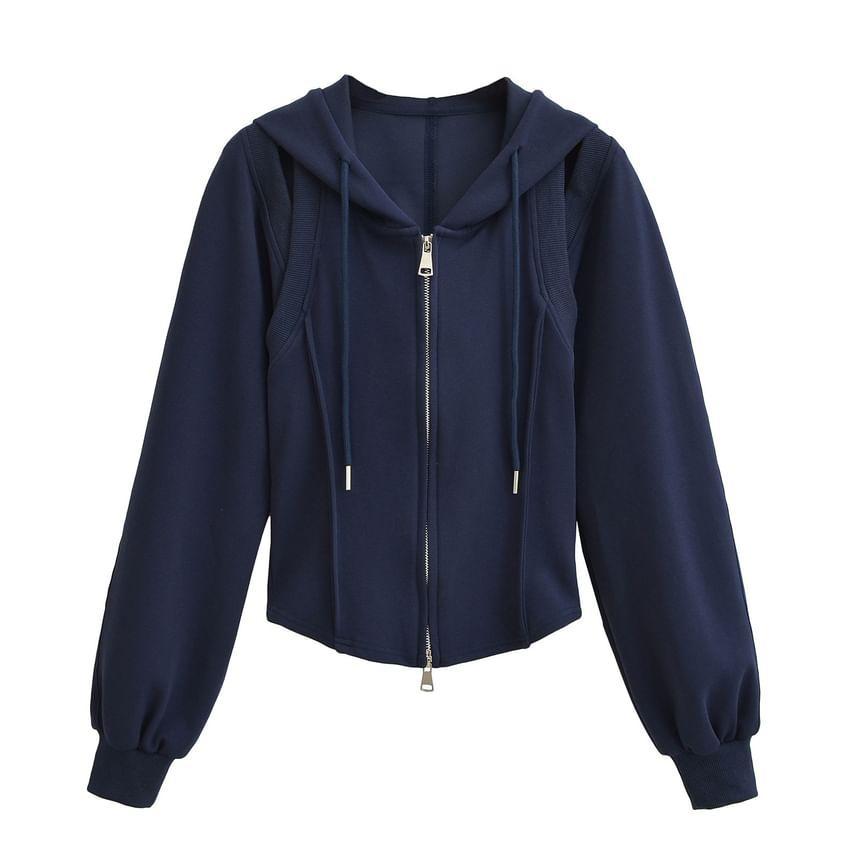 Plain Cutout Cropped Zip Up Hoodie Product Image