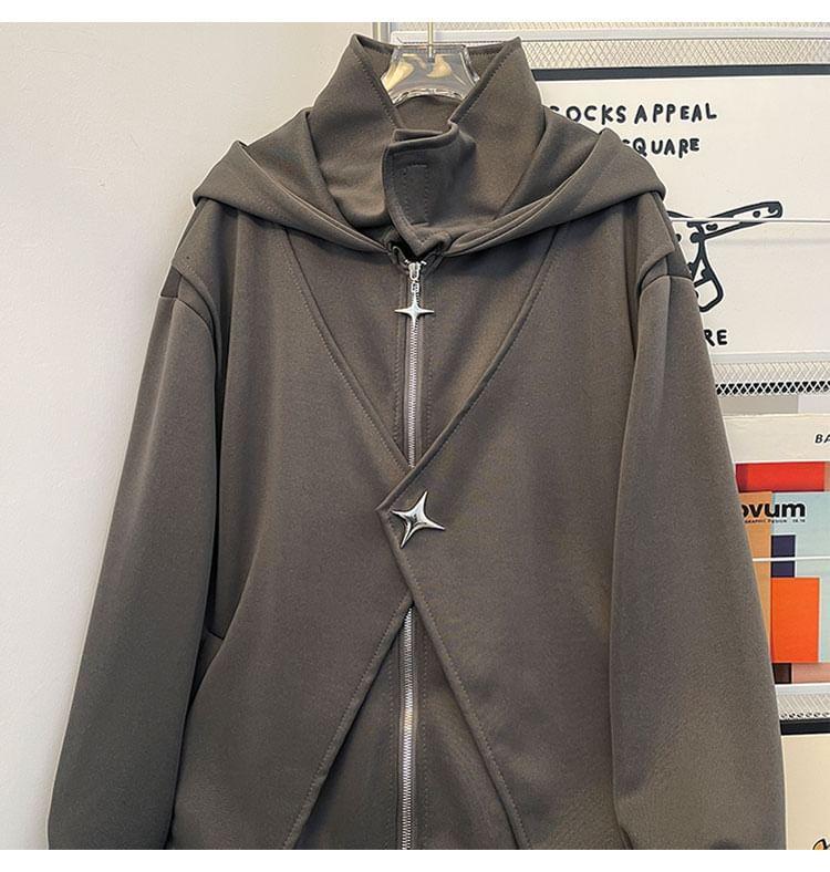 Plain Star Studded Hooded Mock Two-Piece Zip Jacket Product Image