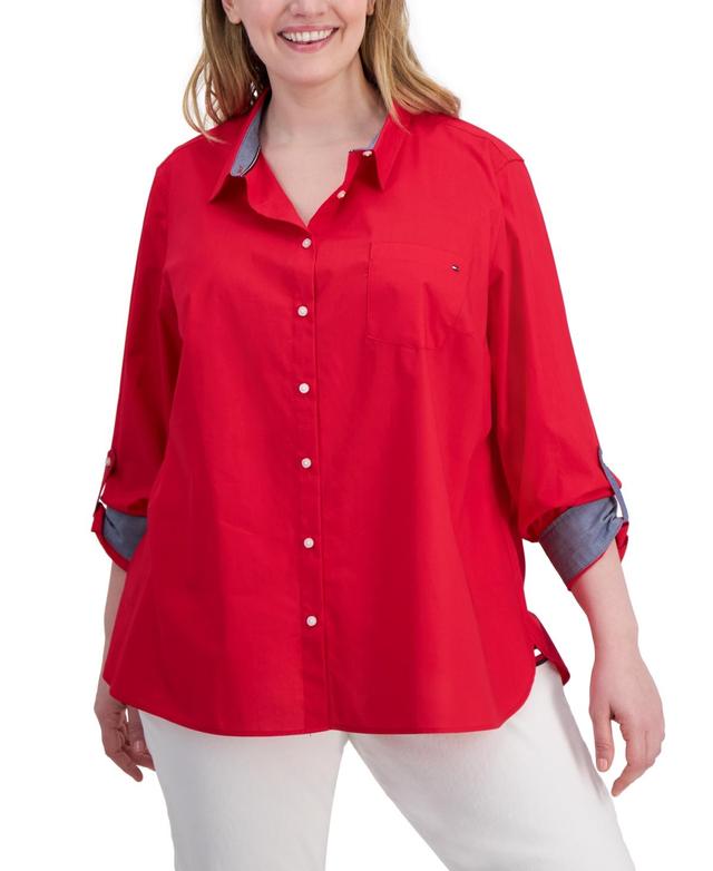 Tommy Hilfiger Plus Size Cotton Roll-Tab Shirt Product Image