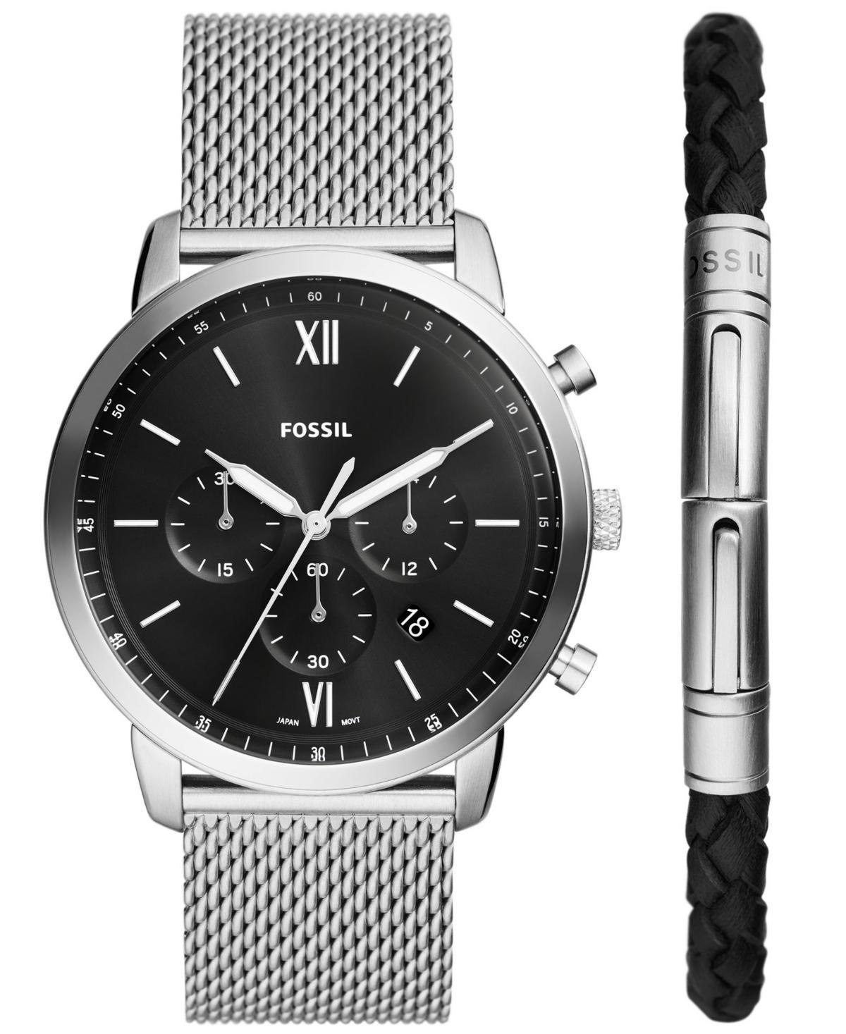 Fossil Mens Neutra Chronograph Silver-Tone Stainless Steel Mesh Watch 44mm and Bracelet Box Gift Set Product Image