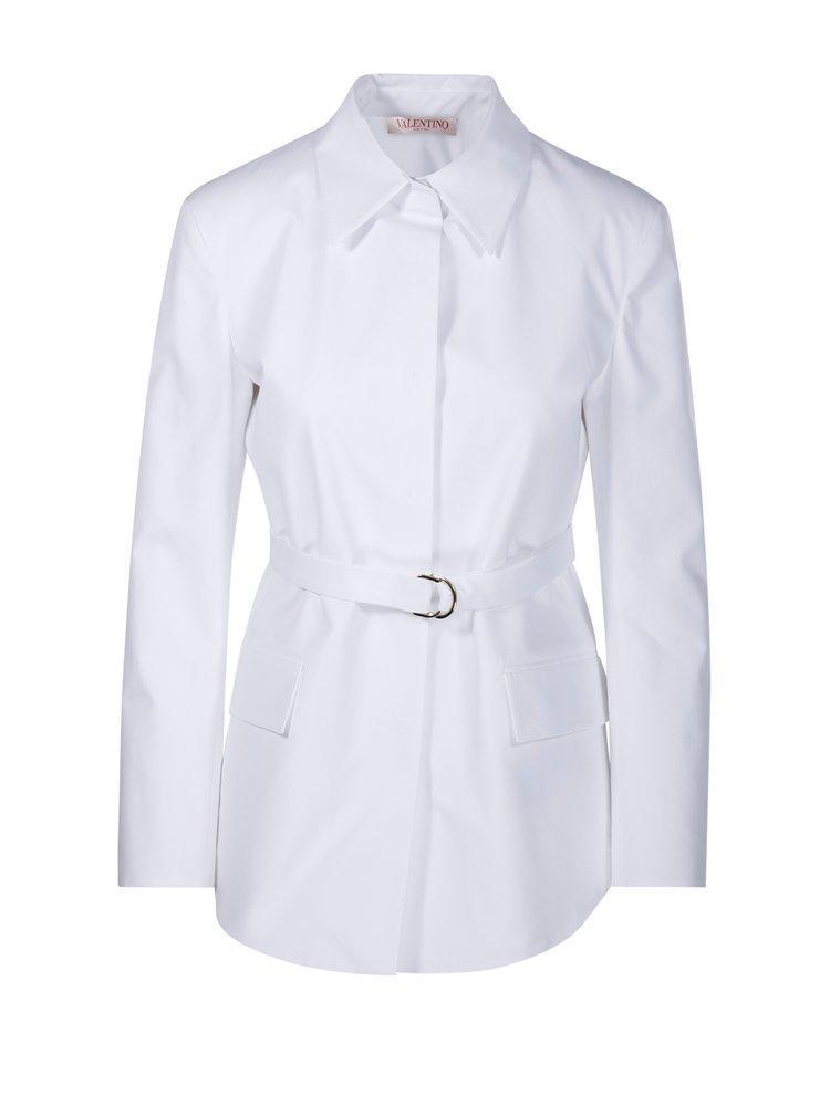 Belted Collared Shirt Jacket In White Product Image