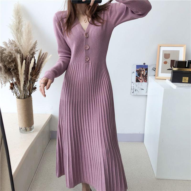 Long-Sleeve V-Neck Plain Ribbed Midi Knit Dress Product Image