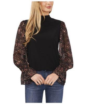 Women's Sheer Printed Long-Sleeve Mock Neck Top product image