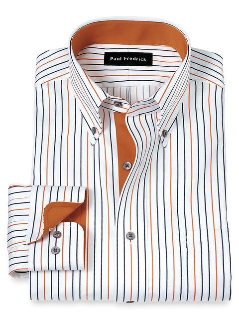 Non-Iron Cotton Stripe Dress Shirt With Contrast Trim - White/rust Product Image