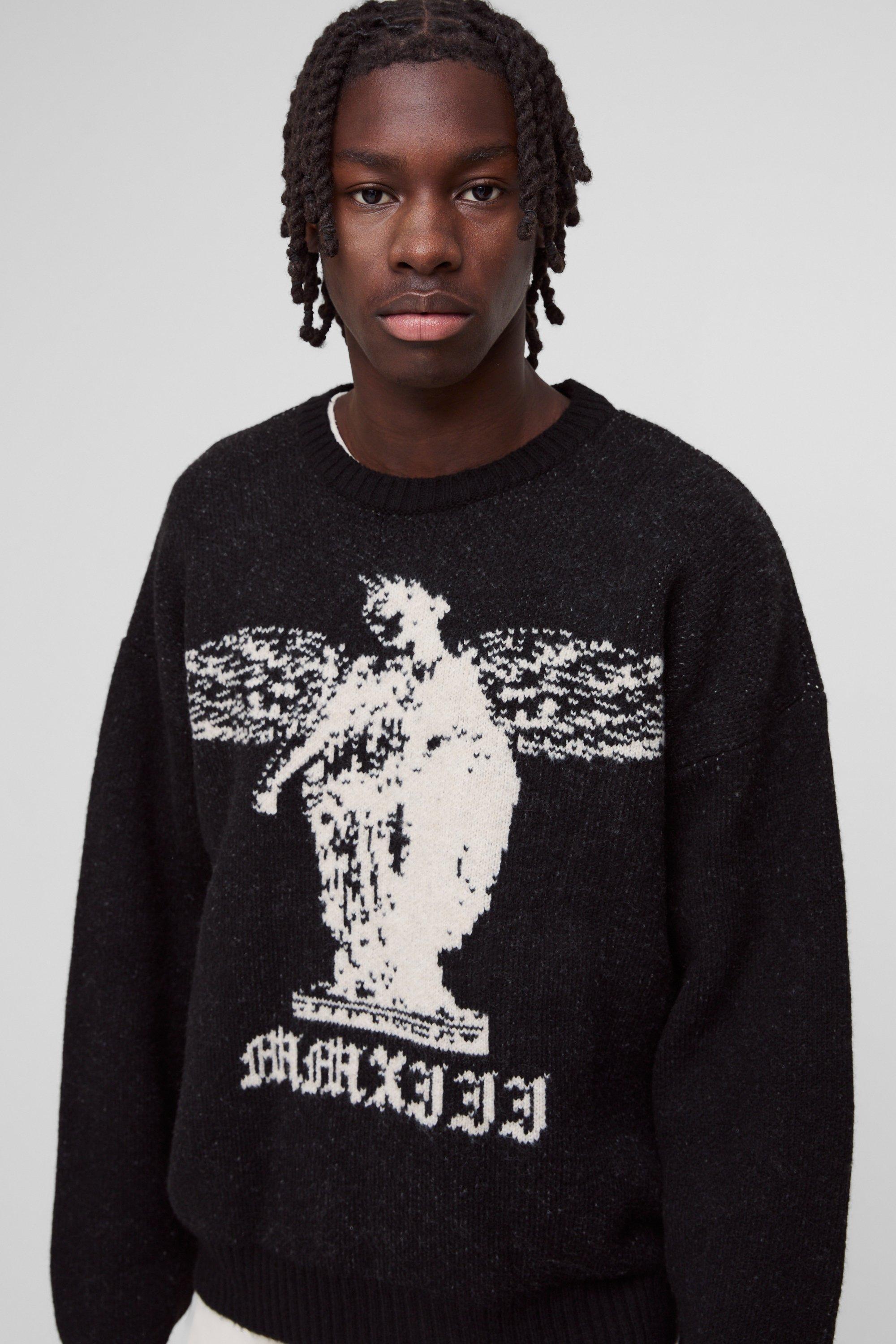 Oversized Boxy Brushed Gothic Graphic Knitted Sweater | boohooMAN USA Product Image