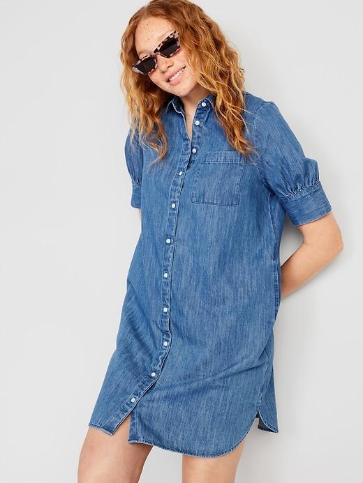 Short-Sleeve Jean Shirt Dress for Women Product Image