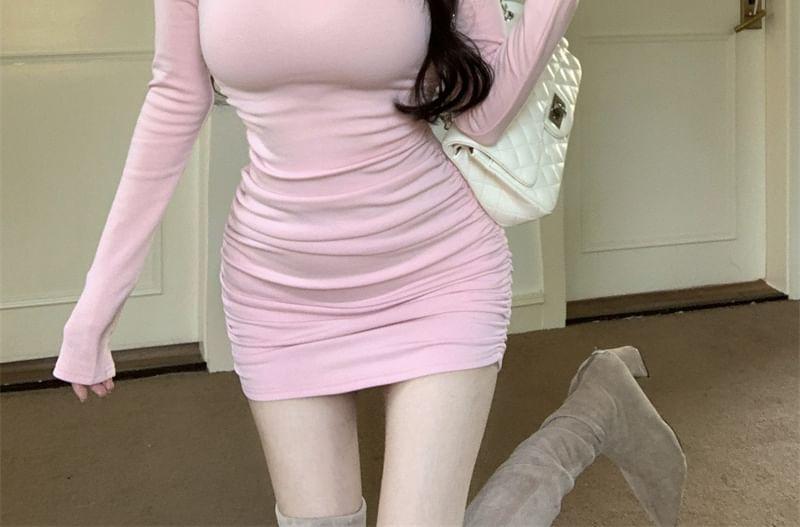 Long Sleeve Mock Neck Plain Ruched Mini Bodycon Dress Product Image