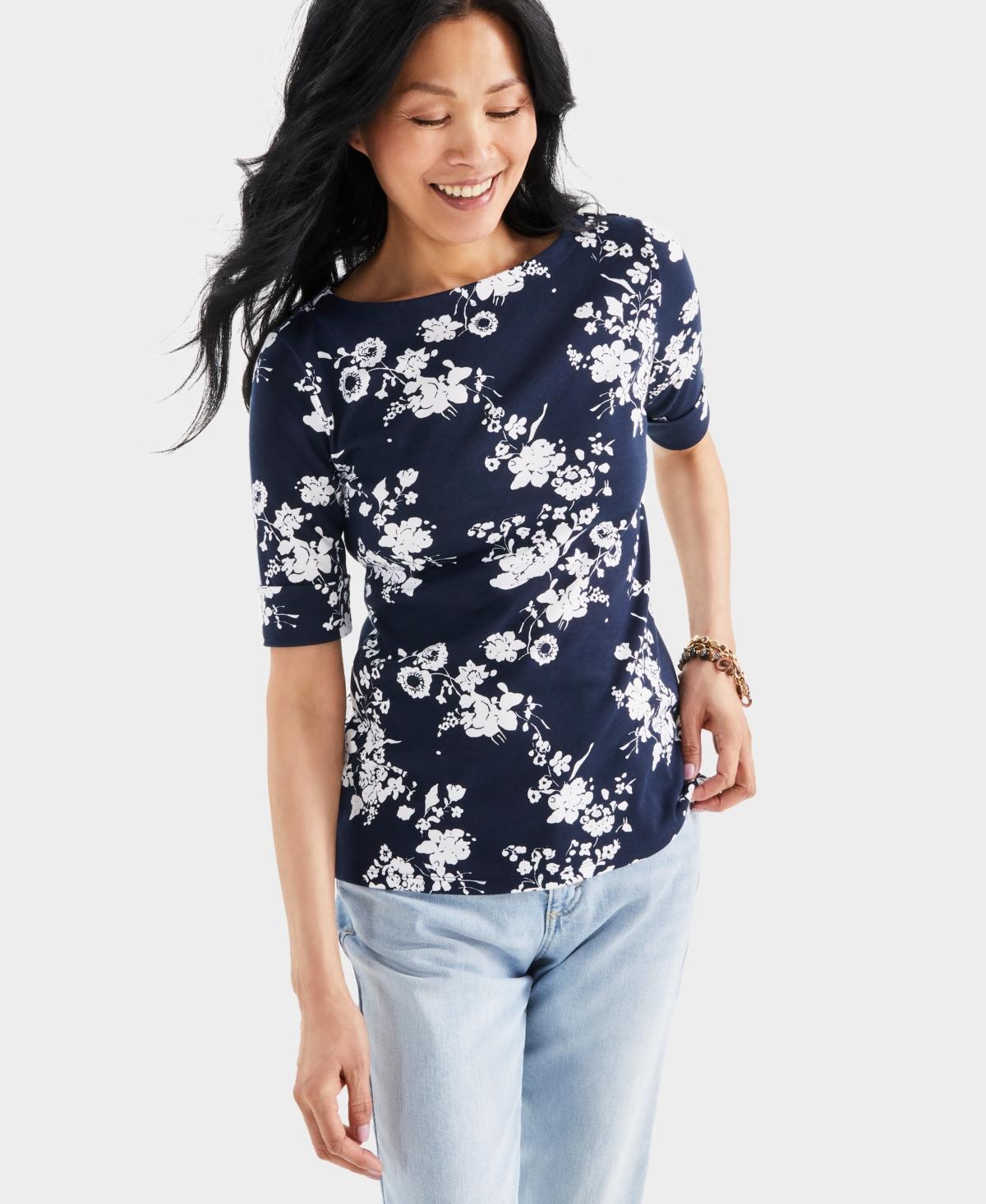 Style & Co Womens Printed Boat-Neck Elbow-Sleeve Knit Top, Created for Macys Product Image