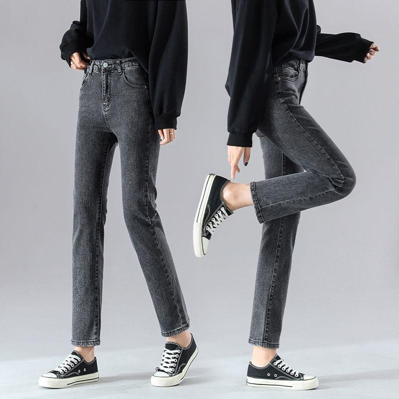 High Waist Washed Cropped Straight Leg Jeans Product Image