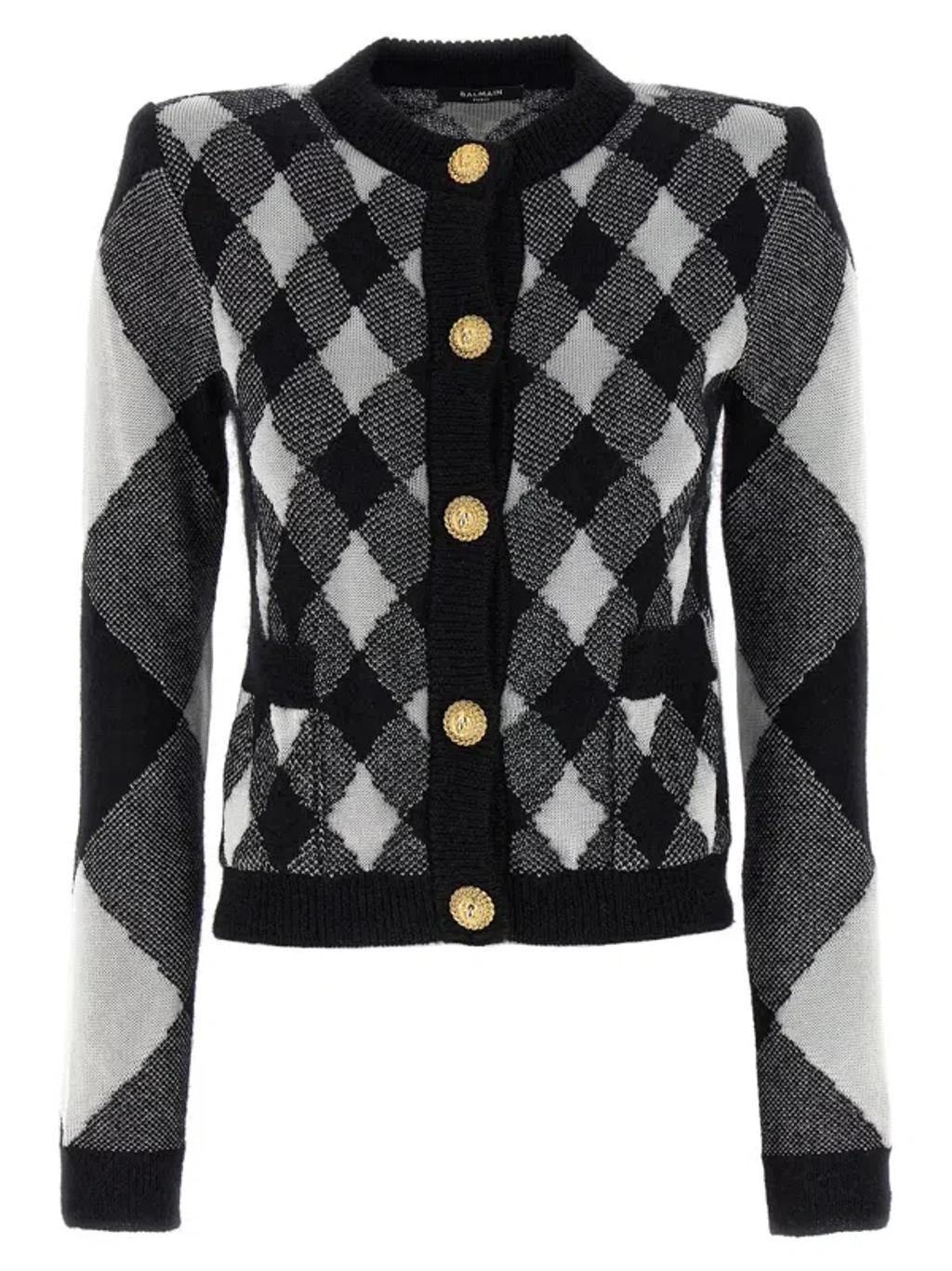 BALMAIN White & Black Check Cardigan Product Image