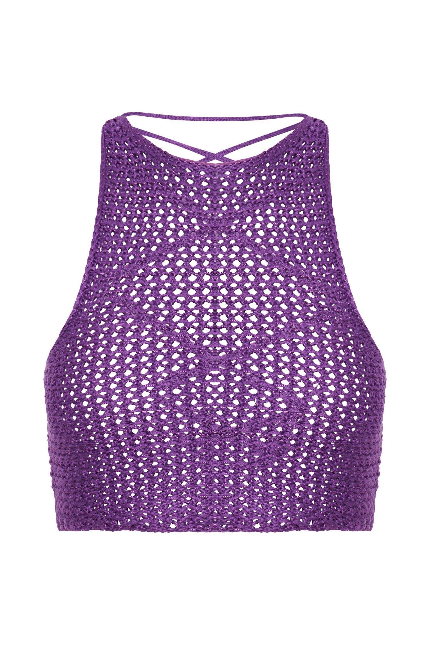 Raquel Crochet Lace Up Back Top - Grape Product Image