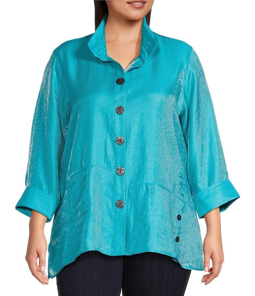 Ali Miles Plus Size Woven Shimmer Stand Ruffle Collar 3/4 Sleeves Button-Front Tunic Product Image