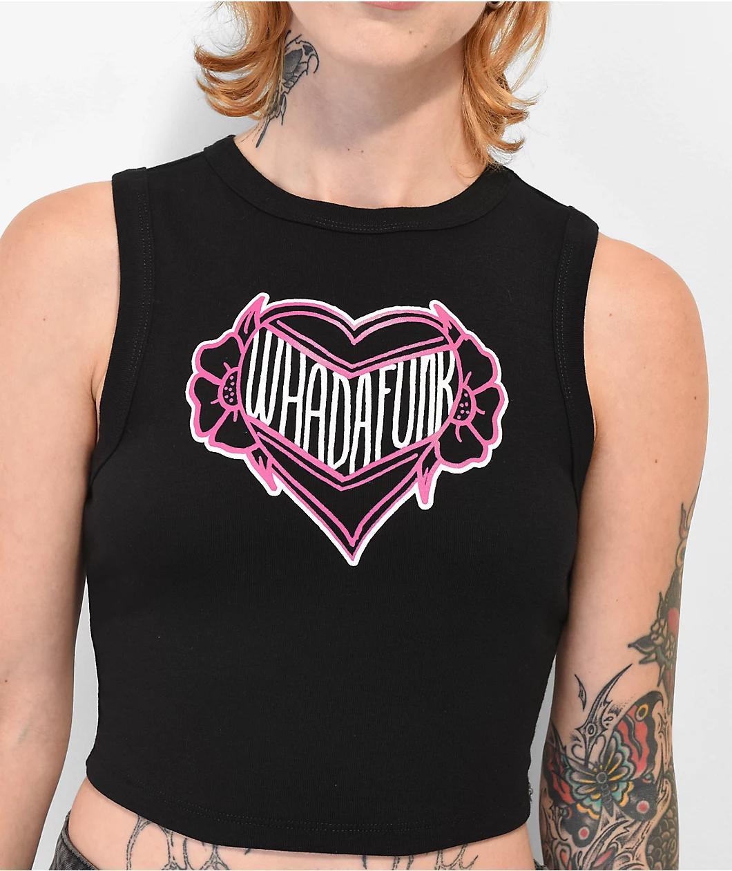 WHADAFUNK Pink Heart Black Crop Tank Top Product Image