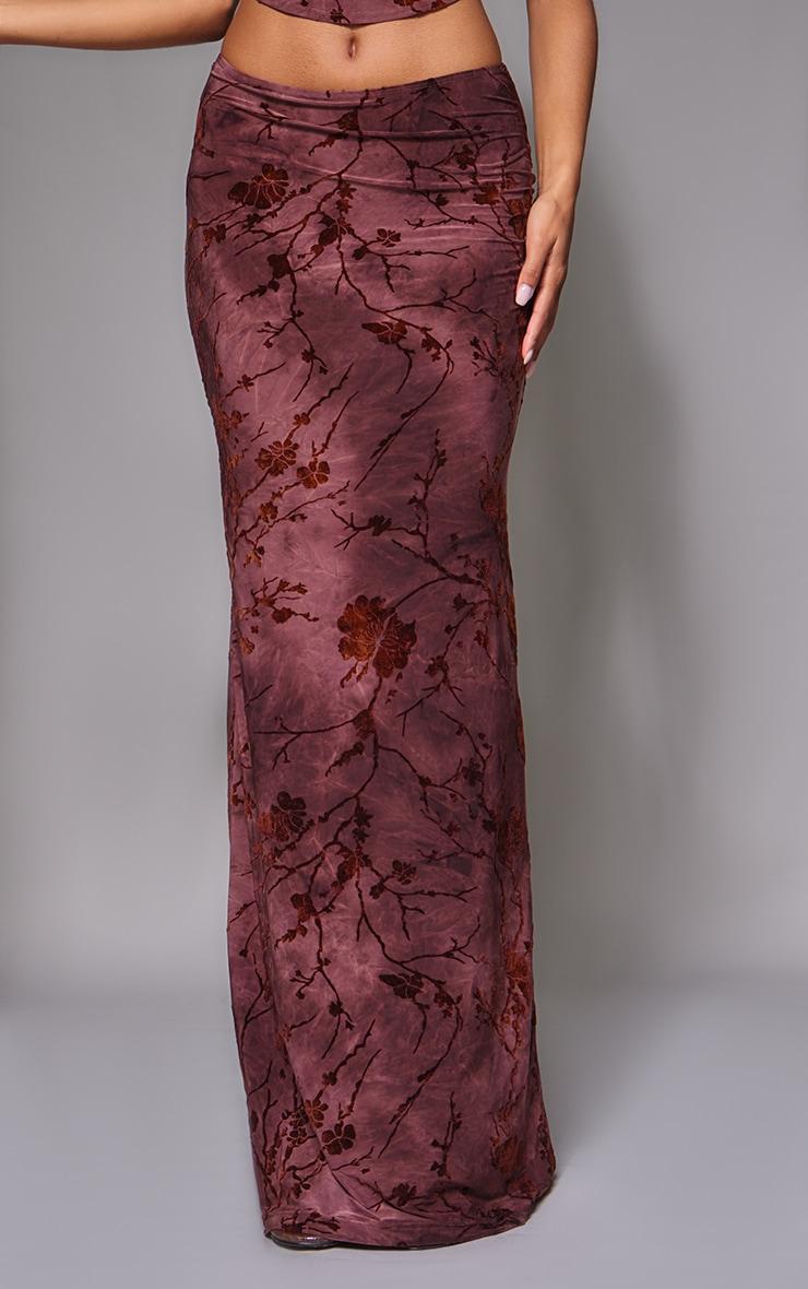 Burgundy Floral Print Devore Maxi Skirt Product Image