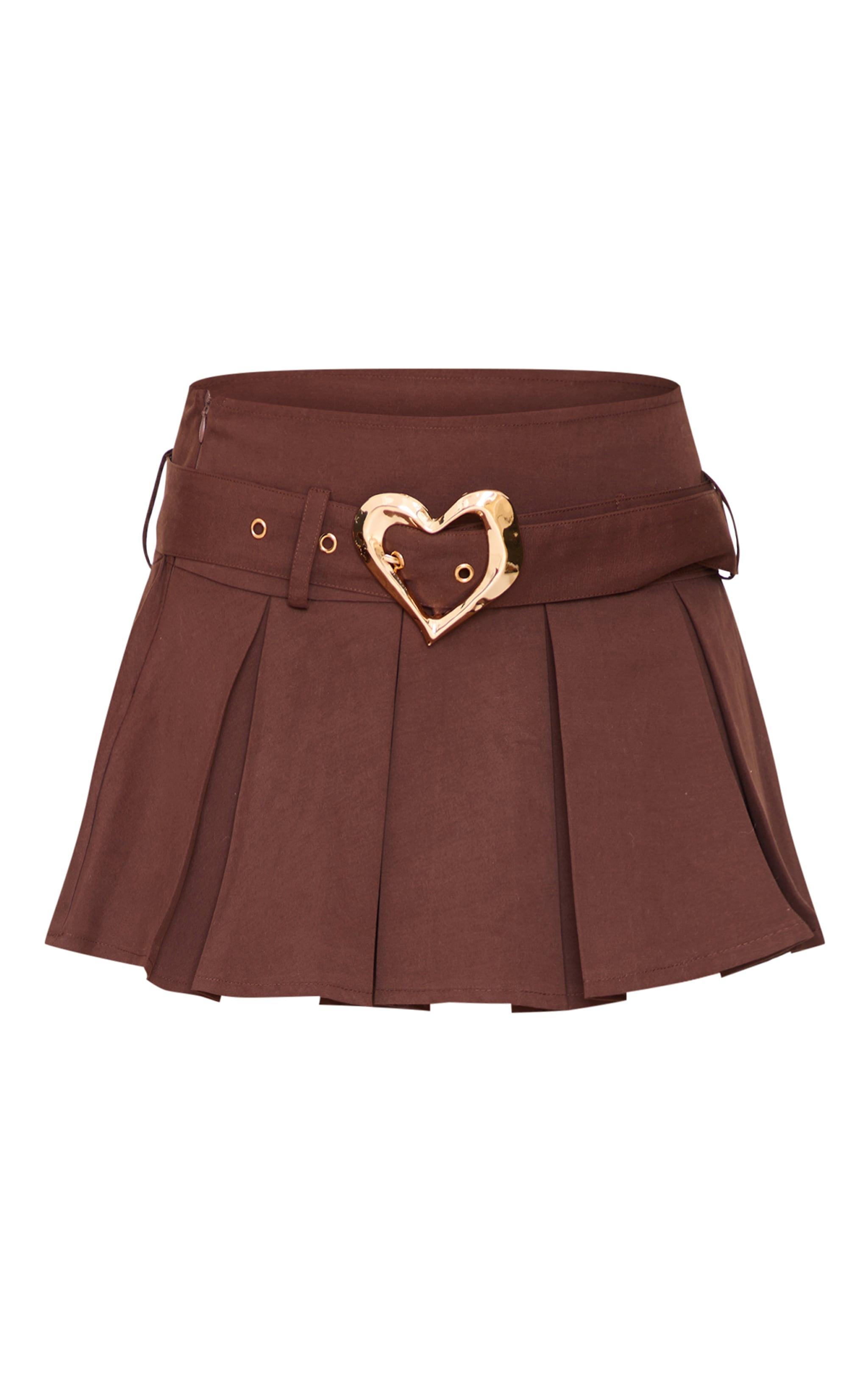 Petite Chocolate Heart Buckle Detail Pleated Mini Skirt Product Image