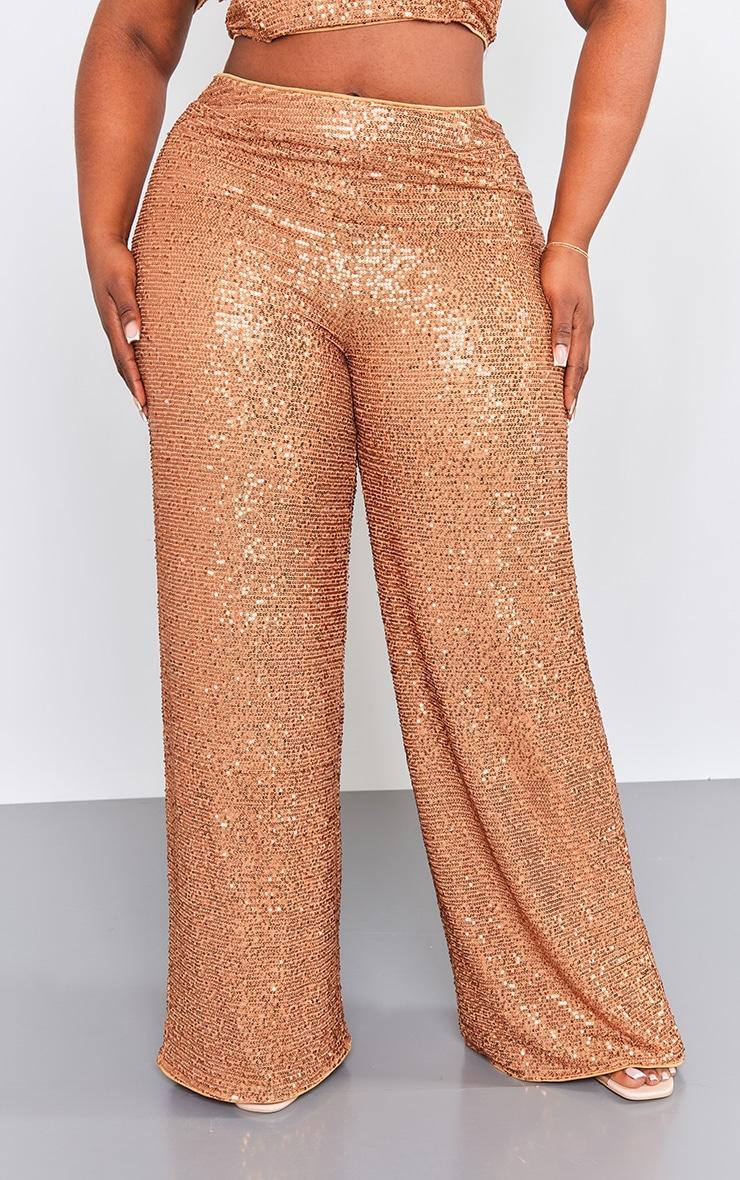 Plus Bronze Sequin High Waist Wide Leg Pant Product Image