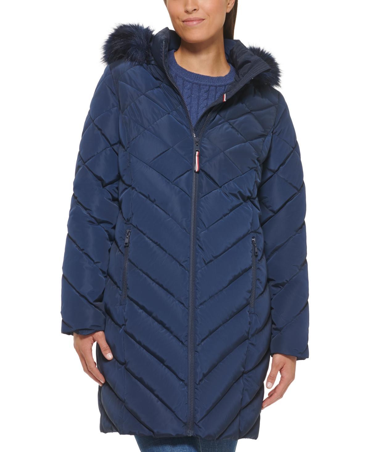 Tommy Hilfiger Womens Faux-Fur-Trim Hooded Puffer Coat Product Image