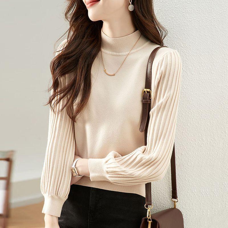 Long-Sleeve Mock Neck Plain Ribbed Knit Top Product Image