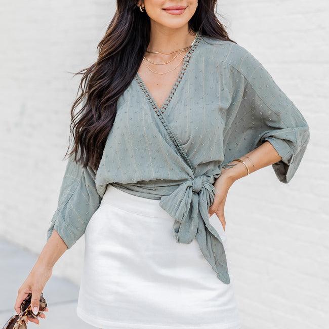 As You Wish Sage Short Sleeve Wrap Blouse Product Image