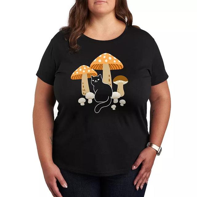 Plus Cat And Mushrooms Graphic Tee, Womens Product Image