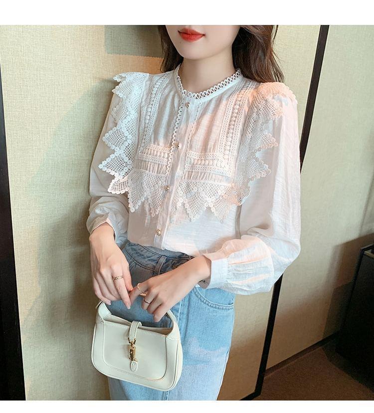 Long Sleeve Ruffle Neck Button Up Blouse Product Image