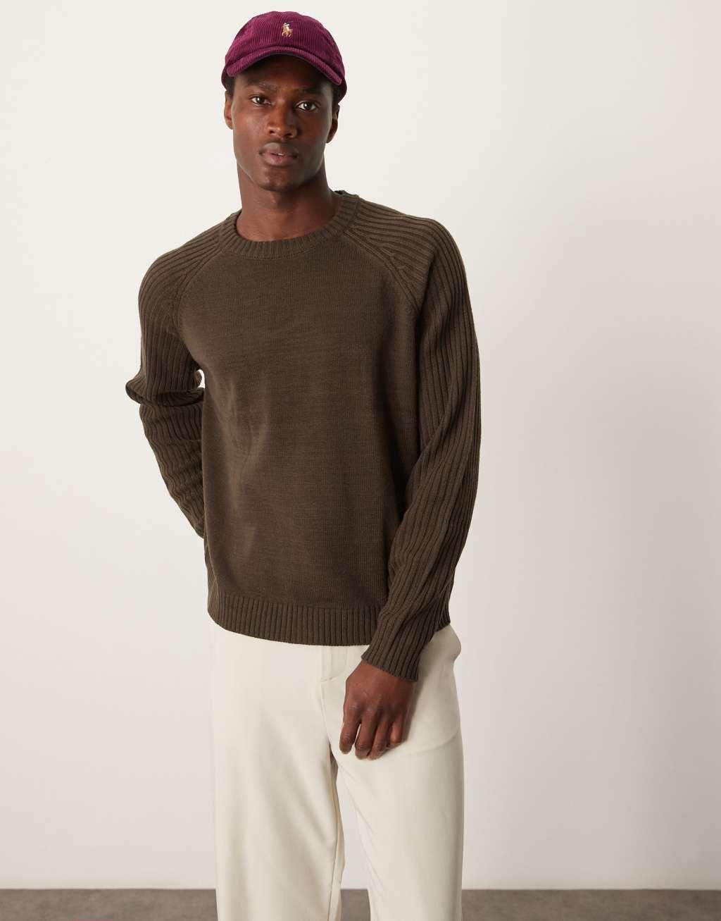 ASOS DESIGN oversized boxy fit knit crew neck sweater with ribbed sleeves in brown Product Image