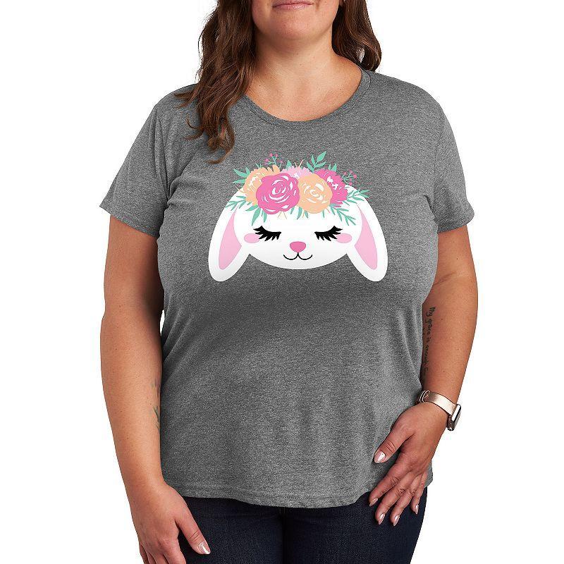 Plus Bunny Face With Flower Crown Graphic Tee, Womens Grey Royal Blue Product Image