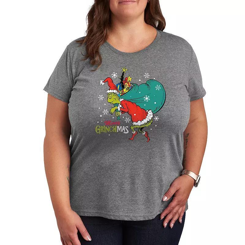 Plus Dr. Seuss The Grinch Grinchmas Toy Bag Graphic Tee, Womens Grey Blue Product Image