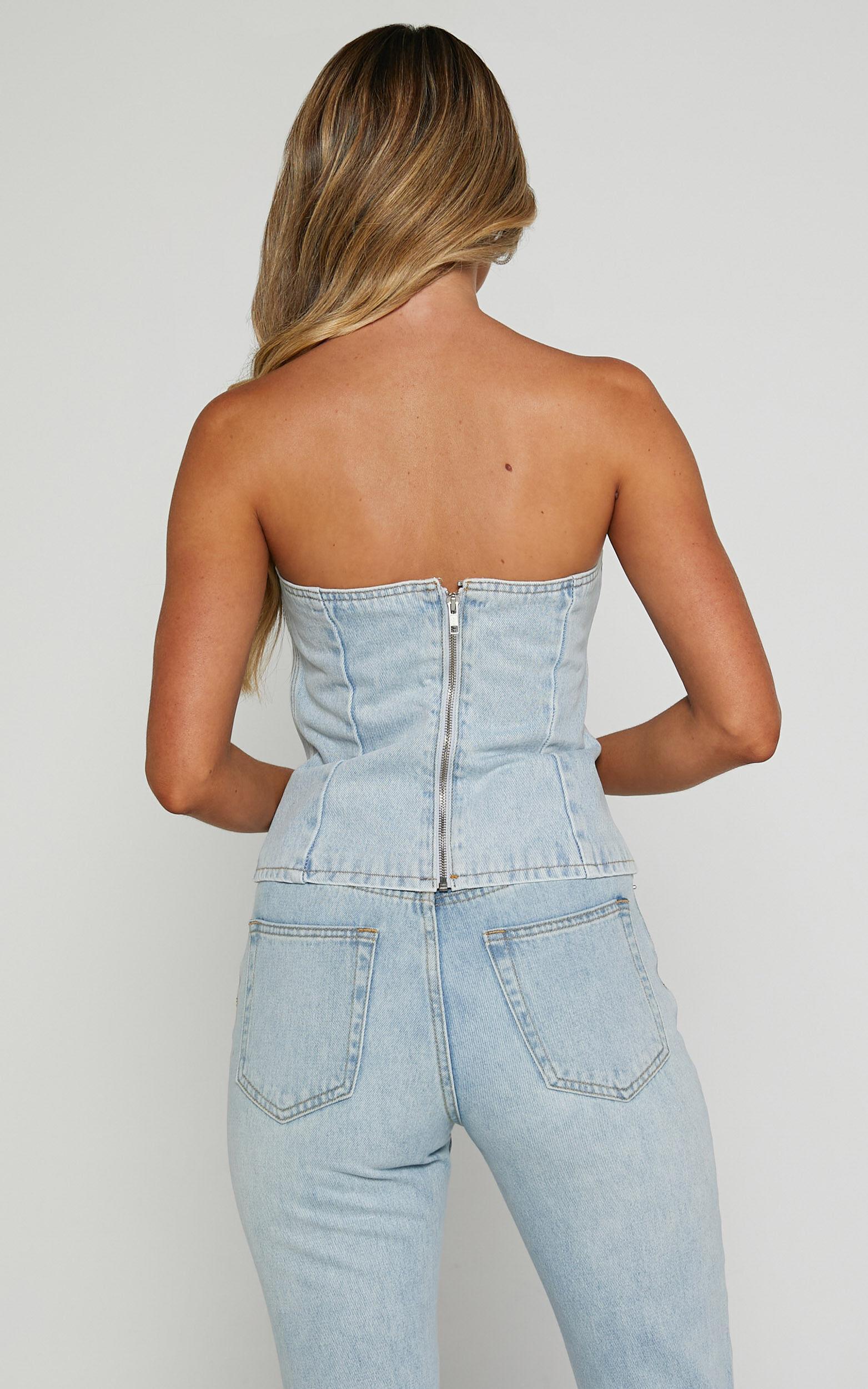 Karter Top - Rhinestone Denim Strapless Top in Light Blue Wash Product Image