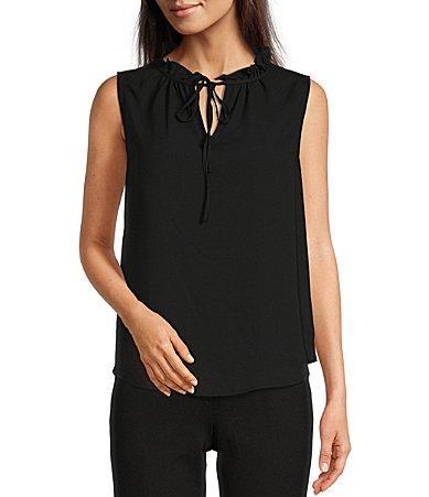 Anne Klein Solid Crepe de Chine Ruffle Tie Collar Sleeveless Tulla Blouse Product Image