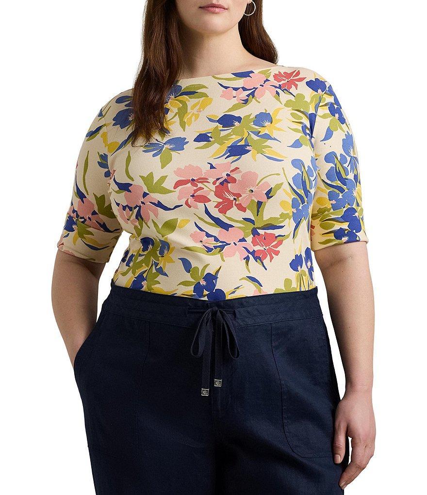 Lauren Ralph Lauren Plus Size Knit Floral Print Boat Neck Elbow Length Sleeve Tee Shirt Product Image