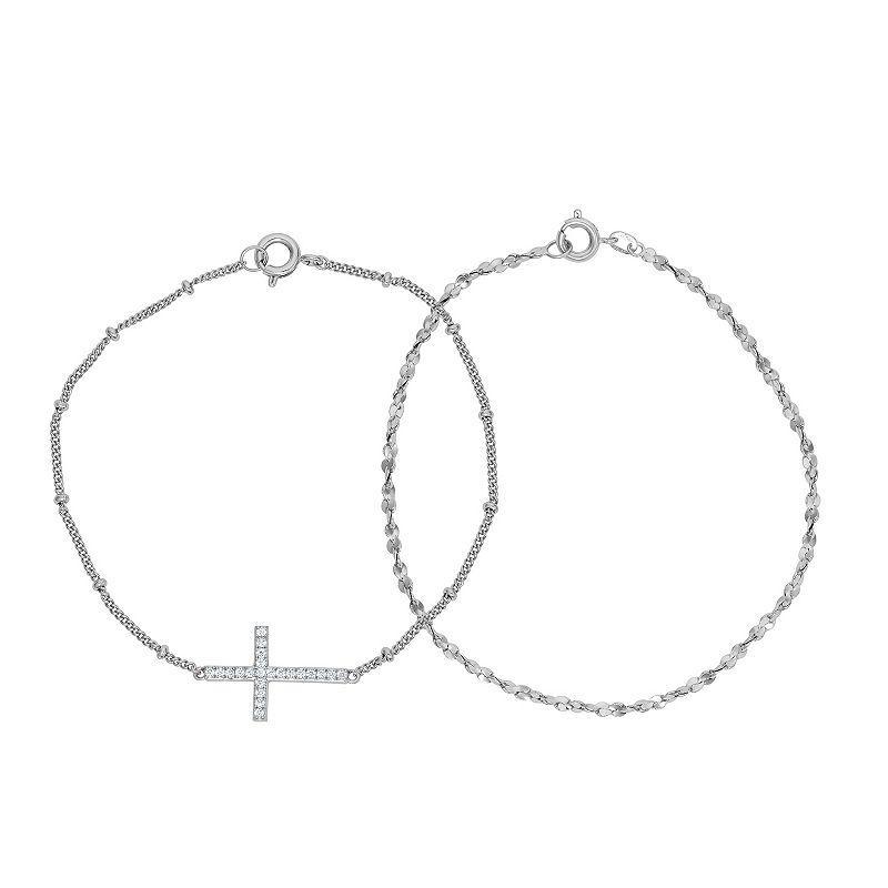 Sarafina Silver Plated Cubic Zirconia Cross & Chain Bracelet Set, Womens White Product Image