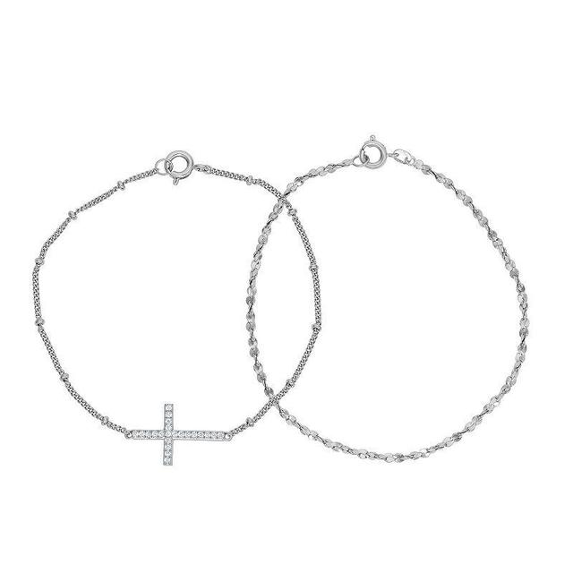 Sarafina Silver Plated Cubic Zirconia Cross & Chain Bracelet Set, Womens White Product Image