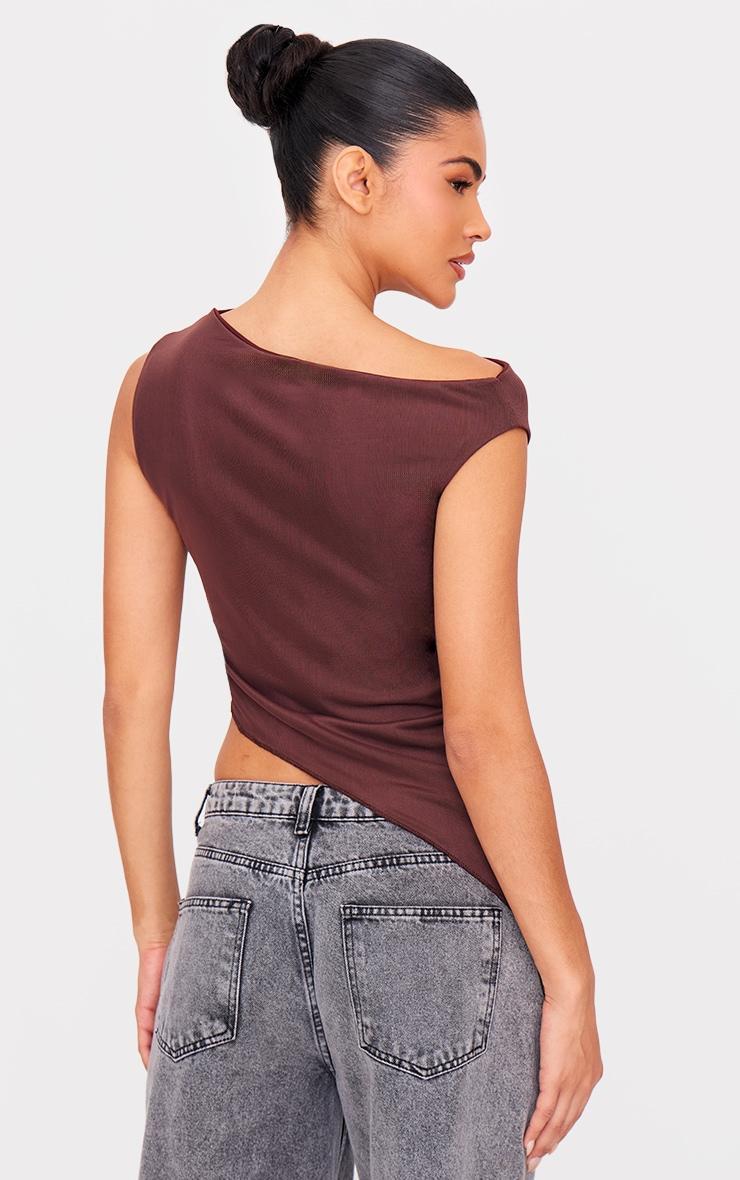 Chocolate Asymmetric Neck Mesh Top Product Image