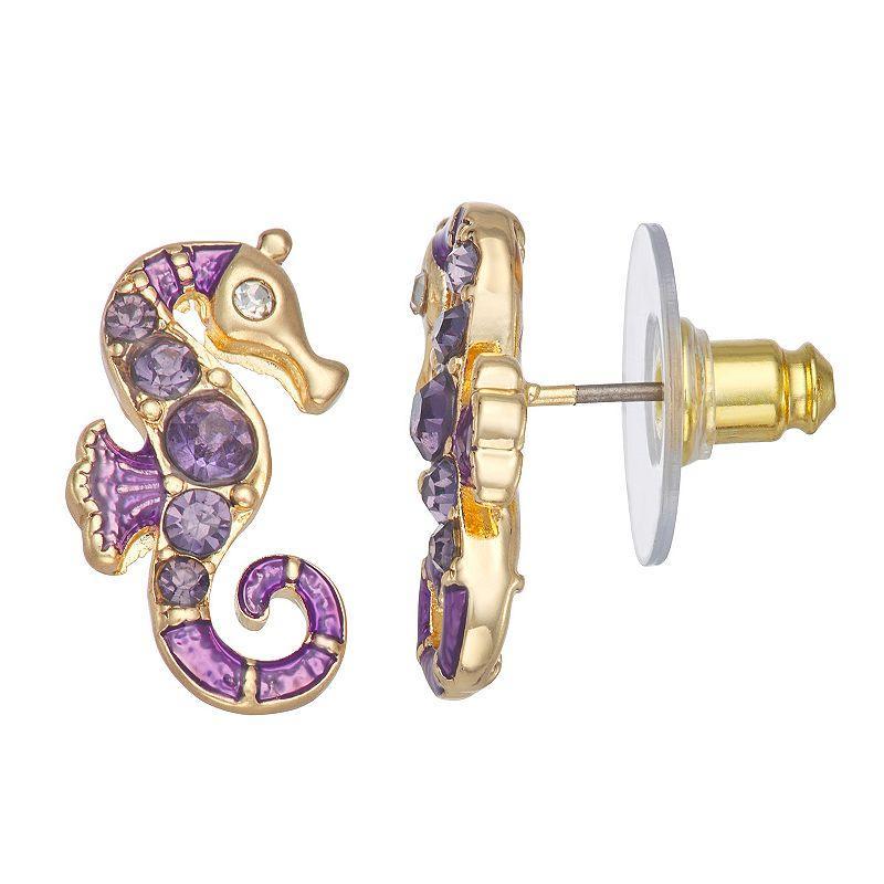 Napier Gold Tone Purple Enamel Ocean World Seahorse Stud Earrings, Womens Product Image