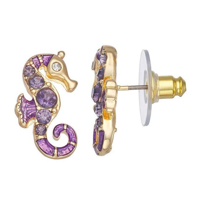 Napier Gold Tone Purple Enamel Ocean World Seahorse Stud Earrings, Womens Product Image