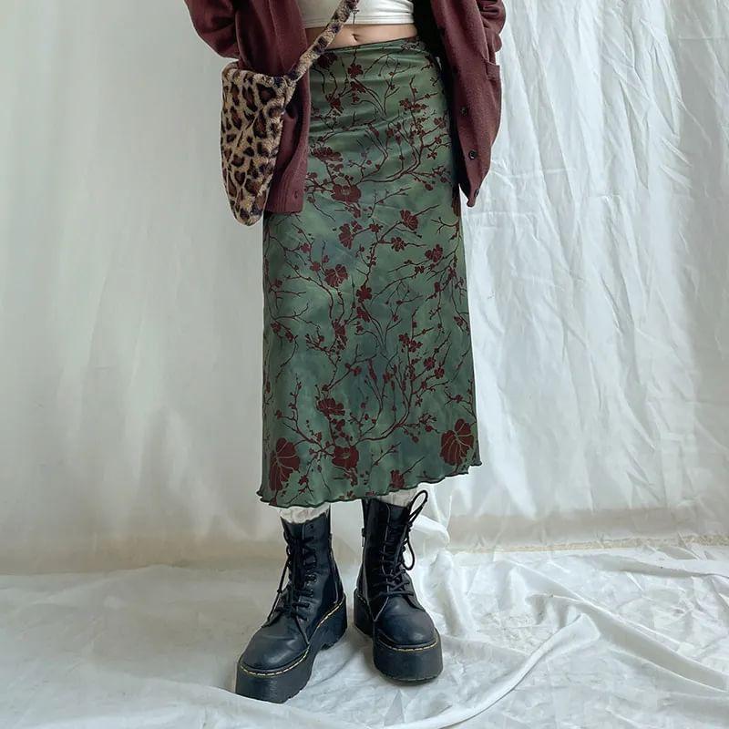 Mid Rise Floral Print Midi Straight Skirt Product Image