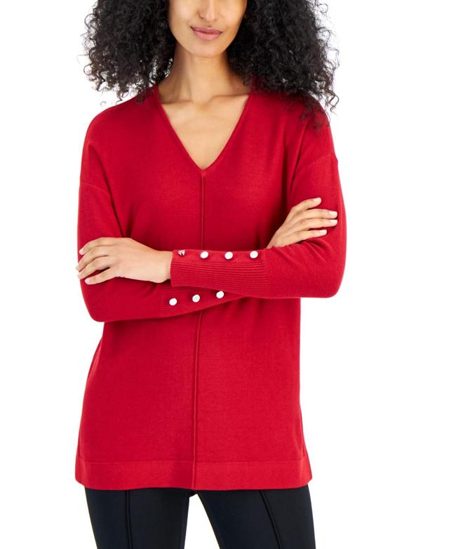 Anne Klein Womens Seamed-Front Button-Cuff V-Neck Sweater Product Image