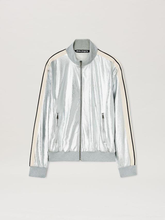 LAMINATED LEATHER TRACK JACKEt in silver  - Palm Angels® Official  Product Image